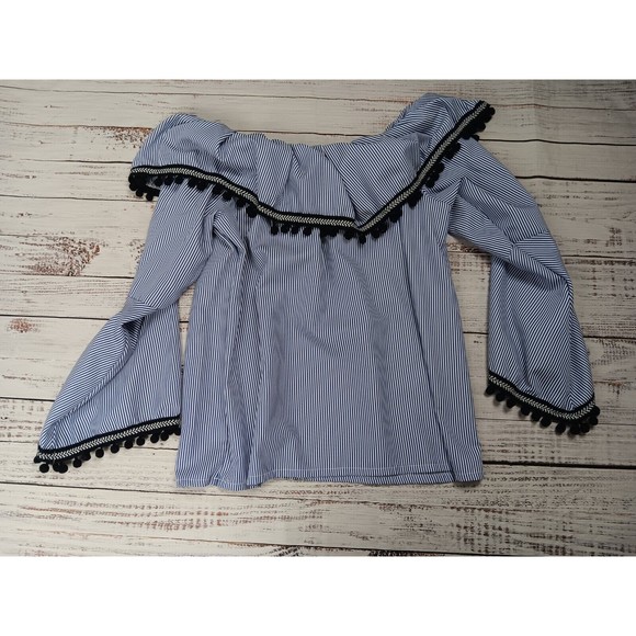 Camille & Company Off The Shoulder Blouse Women's Large Blue White Stripe Ruffle - Picture 1 of 10